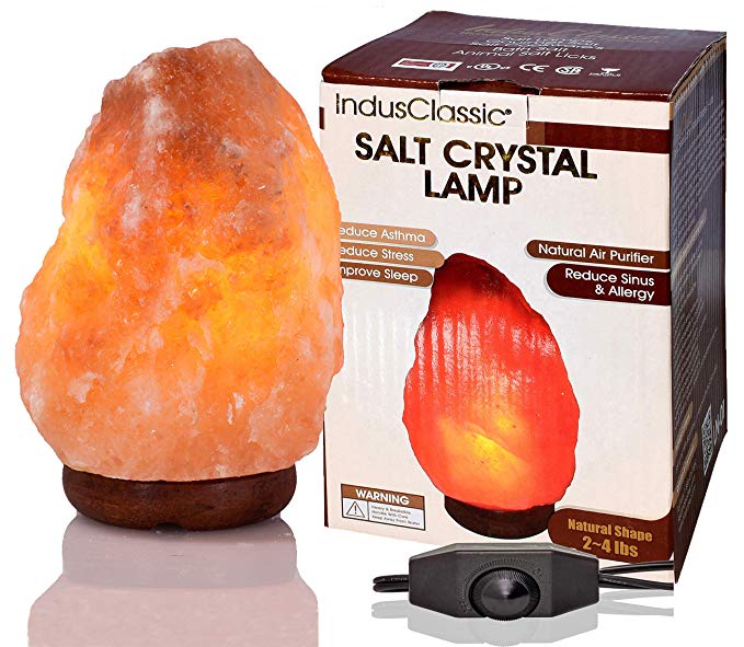IndusClassic Natural Himalayan Crystal Rock Salt Lamp Ionizer Air Purifier 2~4 lbs / UL Listed Cord and Dimmer Control Switch, Exceptional Quality Packaging
