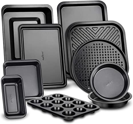 10-Piece Kitchen Oven Baking Pans - Deluxe Carbon Steel Bakeware Set with Stylish Non-stick Gray Coating Inside and Out, Dishwasher Safe & PFOA, PFOS, PTFE Free - NutriChef