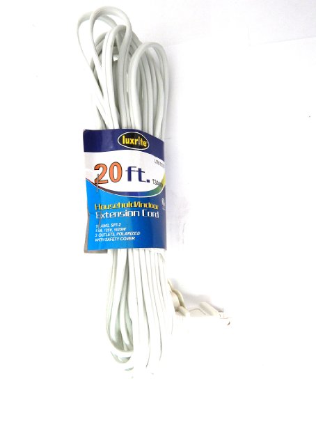 Luxrite Lr61020 16/2 Spt-2, 3-outlet Extension Cord with Safety Cover, Color White, 20-feet, ETL Approved