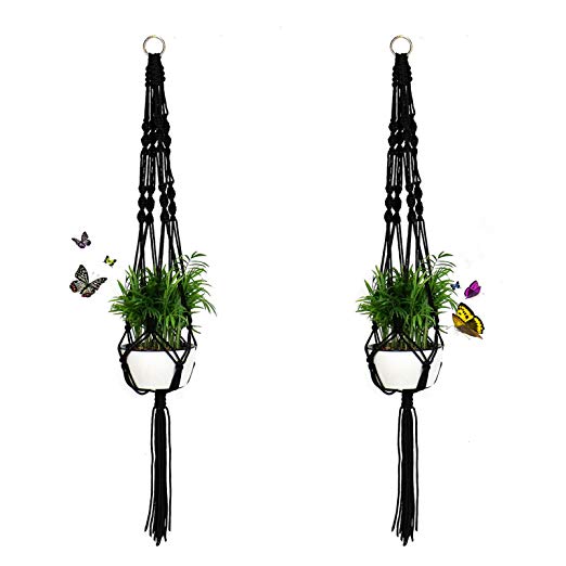 Timoo 2 Pack Plant Hanger Basket, 41 Inches Macrame Flower Pot Hanging Plant Holder Basket for Indoor Outdoor, 4 Legs Nylon Rope with Metal Ring, Black