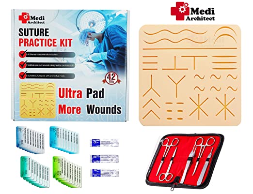 Suture Practice Kit for Suture Skill Training Include Ultra Large Suture pad 8 x 8 inches with 31 Pre-cut Wounds, Training Tools, Monofilament & Braided Sutures (Extra Kit)