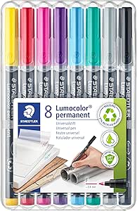 STAEDTLER permanenter Universalstift Lumocolor, wisch- und wasserfest, sekundenschnell trocken, F-Spitze - Linienbreite 0,6 mm, 8 Marker in brillanten Farben, 318 WP8-2