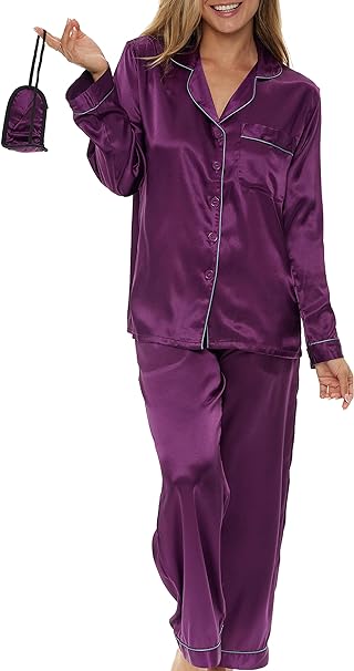 Alexander Del Rossa Women's Satin Pajamas Lounge Set, Long Sleeve Top, Pants with Pockets, Silk PJs with Matching Sleep Mask