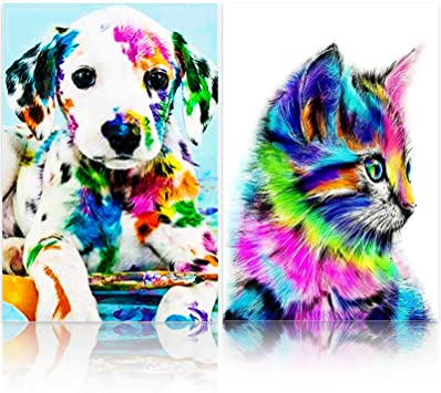 2 Sets DIY 5D Cat and Dog Diamond Painting Kits for Kids Adult Cat Rhinestone Painting Colorful Dog Diamond Painting by Numbers Round Drill with Gem Diamond Art Painting for Home Wall Decor