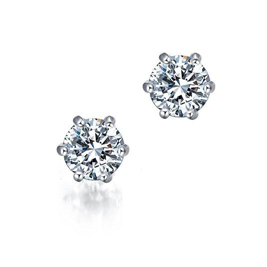 Sterling Silver Stud Earrings Round Cut Cubic Zirconia Plating 18K White Gold Imuse