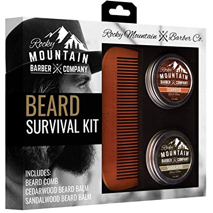 Beard Gift Set - All-In-One Beard Care Kit with Wooden Beard/Hair Comb and Two Beard Balms (Cedarwood and Sandalwood - 1oz) - Packaged in Gift Box