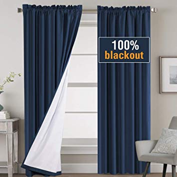 100% Blackout Curtains 84 Inch Long, Thermal Insulated Curtains for Bedroom White Liner, Rod Pocket Full Shading Panels for Shift Worker and Light Sleepers, Navy, 2 Pcs, Tiebacks Included