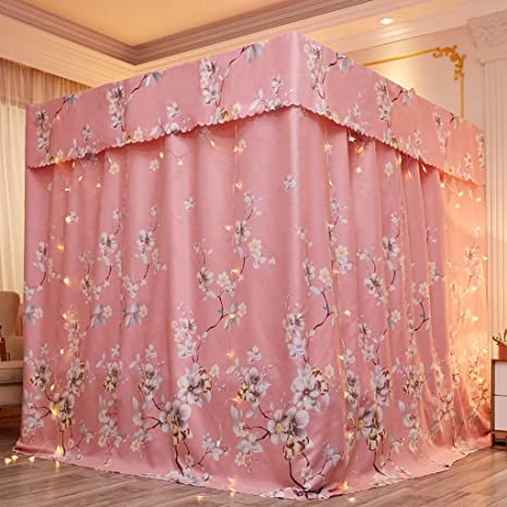 Obokidly Princess 4 Four Corner Post Bed Curtain Canopy Cute Net Canopies for Girls Boys Kids Teens Girl Adult Home Bedroom Decoration (Pink-Flower, Queen)