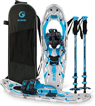 G2 21/25/30 Inches Light Weight Snowshoes for Women Men Youth, Set with Trekking Poles, Tote Bag, Special EVA Padded Ratchet Binding, Heel Lift, Toe Box, Orange/Blue/Red Available