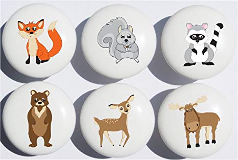 Woodland Forest Animal Drawer Knob Pulls, Ceramic Dresser Cabinet Knobs, Children's Nursery Decor with a Fox, Bear, Squirrel, Deer, Moose and a Raccoon.