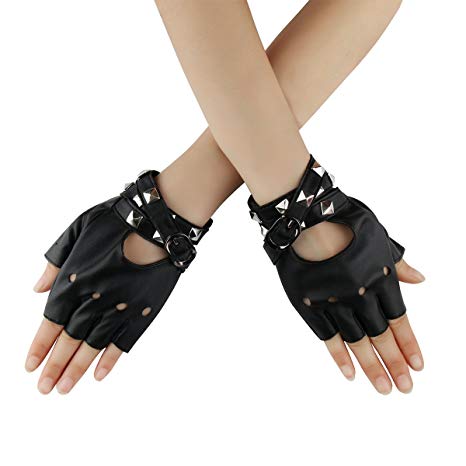 Women Punk Rock Half Finger Gothic Gloves Cosplay Costume Rivets Studded Biker Driving Leather Fingerless Gloves Accessory