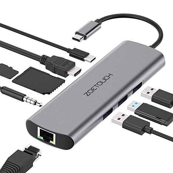USB C Hub, 9-in-1 USB C Adapter,USB-C Power Delivery,4K USB C to HDMI,1000M Ethernet,SD/TF Card Reader,AUX 3.5 Port, 3 USB 3.0 for MacBook Pro 2016/2017/2018, ChromeBook, XPS