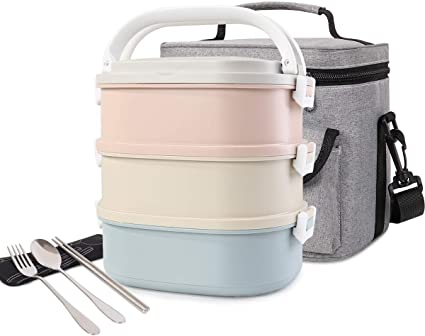 Homespon Stainless Steel Square Lunch Box Bento Box Insulated Lunch Container Bag, Spoon and Fork Set for Kids Students Adults School Office (3-Tier) (Square Lunch Box Set-New)