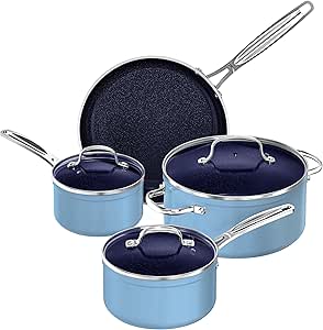 Nuwave 7pc Cookware Set Healthy Duralon Blue Ceramic Nonstick Coated, Diamond Infused Scratch-Resistant, PFAS Free, Oven Safe, Induction Ready & Evenly Heats, Tempered Glass Lids & Stay-Cool Handle