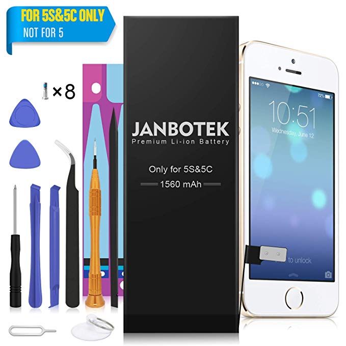 JANBOTEK Replacement Battery Compatible iPhone 5S / 5C - Repair Kit Tools, Adhesive & Instructions 1560 mAh 0 Cycle Battery - 24-Month Warranty