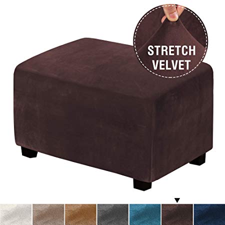 H.VERSAILTEX Real Velvet Plush 1 Piece Form Fit Stretch Rectangle Folding Storage Covers Ottoman Slipcovers Removable Footstool Protect Footrest Covers Elastic Bottom, Machine Washable(Large, Brown)