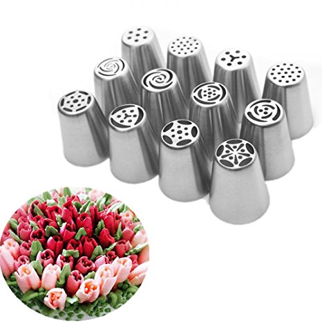 UTEN 12pcs Stainless Steel Russian Piping Nozzles Set DIY Pastry Icing Cake Decorating Tool (silver)
