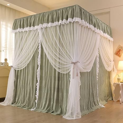 4 Corner Post Bed Canopy - Privacy Protection With Princess Mosquito Net - Soft Polyester Fabric Curtain - 2-in-1 Double Protection Fit For Girls Adult Bed Bedroom Canopies (Dark Green, Queen)