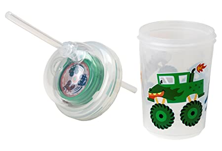 nuspin kids 8 oz Sip & Spin Fun Straw Cup, Monster Trucks Race Around When You Drink