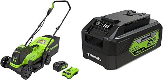 Greenworks 24V 13-Inch Brushless Push Lawn Mower, Cordless Electric Lawn Mower with 4.0Ah USB (Power Bank) Battery and Charger Included & 24V 4.0Ah Lithium-Ion Battery (Genuine Greenworks Battery)