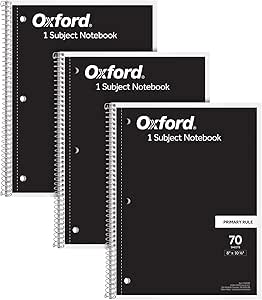 Oxford Primary Ruled Spiral Notebooks, Writing/Drawing Practice for Kids, Grades Pre-K, K-2, 70 Sheets, 8 x 10.5 Inches, Black, 3 Pack (1002542)