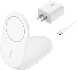 Belkin Magnetic Foldable Wireless Charging Stand 15W - MagSafe-Compatible Qi2-Certified iPhone Charger, Wireless Charging Stand for iPhone 16, 15, & 14 Series, Standy Mode Ready, PSU Included - White