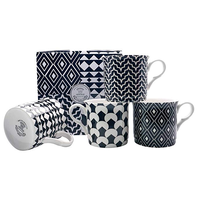 FINE Bone China Set of 4 Mugs Gift Boxed Shades of Black Mugs Free UK Delivery