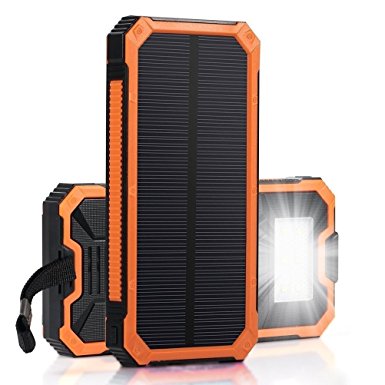 Solar Charger, IYUT 15000mAh Dual USB Port External Phone Battery Pack Solar Power Bank Charger Waterproof with LED Emergency Light for iPhone, iPad, Samsung, Laptops, Cell Phones (Orange)