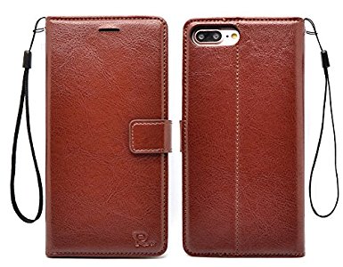 R-07 Real Leather iPhone 7 Plus Case with Screen Protector-Fully Protects Apple 5.5 inch Phone,Credit Cards,Business Cards,ID,Cash Bill Compartments, Flip Wallet Style,Wrist strap,Magnetic Lock,Brown
