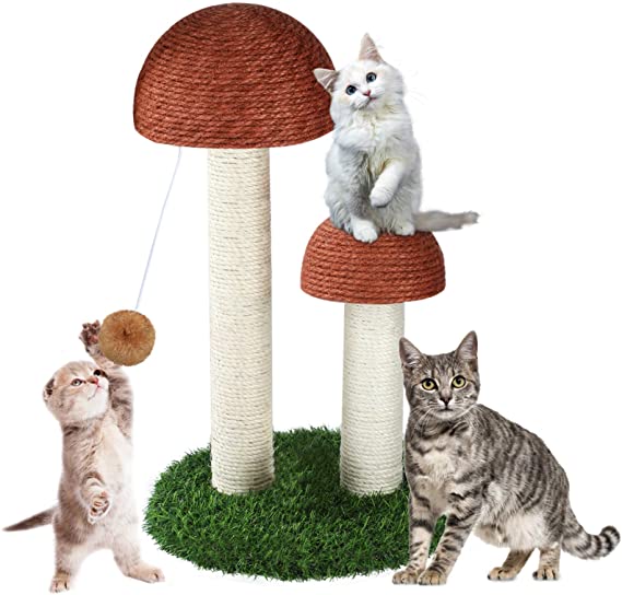 Sunnyholiday 19 Inches Tall Mushroom Cat Scratching Post with 2 Durable Natural Sisal Cat Scratchers Featuring and Interactive Dangling Ball, Small Cat Tree House Furniture Toys Training Toys Kittens