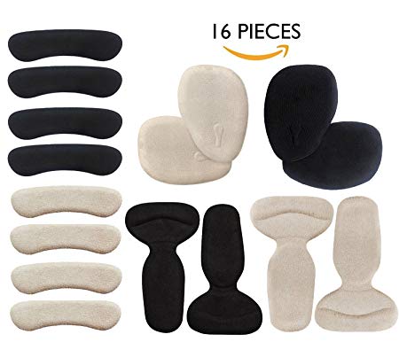 AGUARA Heel Cushion Inserts - 16 pcs Heel Protector for Women, Include Heel Grips, Heel Liner, Ball of Foot Cushions, Blister Prevention & Improve Shoes Too Big Black and Beige (Suite)