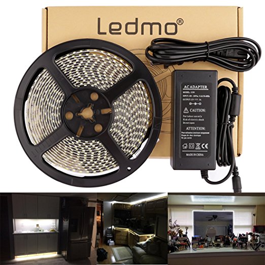 LEDMO Waterproof Flexible LED Strip Light Kit, SMD2835 300 Leds, 16.4ft/5m, Daylight White 6000K,LED Light Strip a 12V 5A (60W) Power Supply/adapter