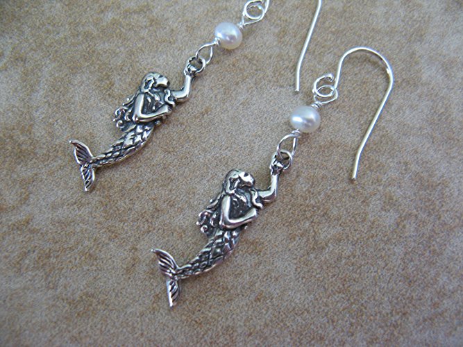 Mermaid Earrings Sterling Silver and Cultured Pearls Artisan Jewelry
