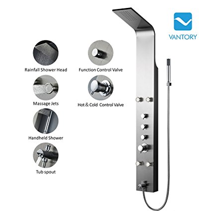 Vantory 63" Fingerprint-free Stainless Steel Rain Shower Panel, Multi-functional Sprayer, Shower Tower