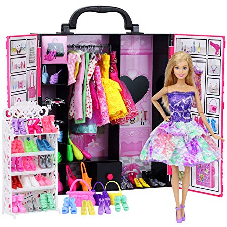Ecore Fun Fashion Doll Closet Wardrobe for Doll Clothes and Accessories Storage - Lot 52 Items Include Clothes, Dresses, Shoes, Bags, Necklace, Shoes Rack, Hangers for 11.5 Inch Girl Doll Clothes