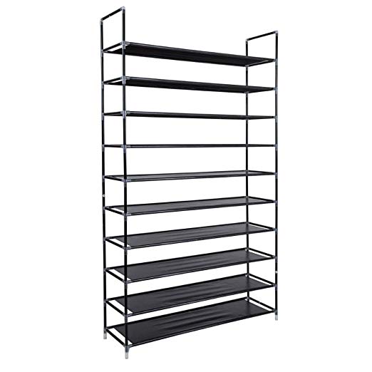 Simple Assembly 10 Tiers 60 Pairs Non-Woven Fabric Shoe Rack with Handle Tower Storage Organizer Cabinet Adjustable Shoes Shelf Tower Metal Tall for Closet with Spare Parts,DIY (Black)