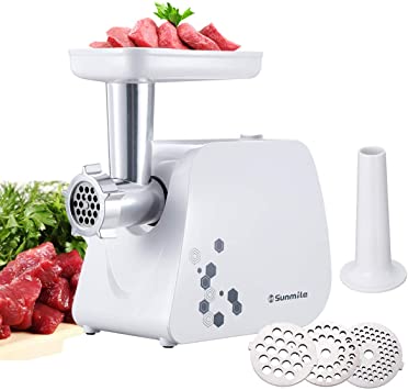 Sunmile Electric Meat Grinder and Sausage Maker - 1HP 1000W Max - Stainless Steel Cutting Blade and 3 Grinding Plates,1 Big Sausage Staff Maker (White)