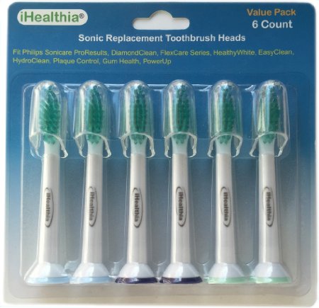 iHealthia Replacement Toothbrush heads for Philips Sonicare ProResults HX6013, HX6014, 6-pack, Refills DiamondClean, Flexcare, HealthyWhite, Plaque Control, Gum Health, PowerUp, EasyClean, HydroClean