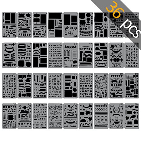 Biubee 36 pcs Plastic Planner Stencils in over 1500 Different Patterns - 4" x 7" Bullet Journal Stencils Set Journal, Notebook, Diary, Scrapbook DIY Drawing Template Stencils with Bonus Pocket