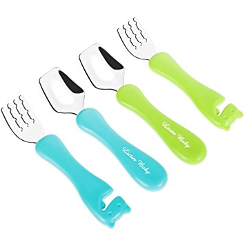 Lictin 5pcs Toddler Cutlery Sets 2 Sets Infant Spoons and Forks Kit Stainless Steel Fork and Spoon Set, Knife Fork Flatware Baby Feeding Utensil with 1 Storage Bag