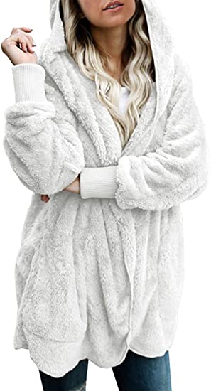 Dokotoo Womens Long Sleeve Solid Fuzzy Fleece Open Front Hooded Cardigans Jacket Coats Outwear with Pocket