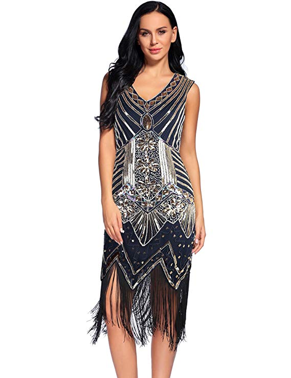 Women's Flapper Dresses 1920s Gatsby V Neck Sequin Fringed Dress