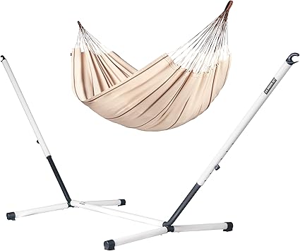 LA SIESTA® Modesta Cotton Hammock & Steel Stand - Indoor Outdoor Hammock with Stand - Portable Hammock with Stand for Outside, Extra Large Double Hammock w/Steel Stand - Max 440Lbs, King, Nougat