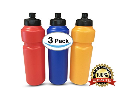 3 pack Resuable Retro Classic Squeeze Sports Bottle Push Pull Cap BPA Free for Summer Outdoors Sports Hiking Cycling Camping 750mL Value Pack
