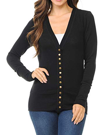 Women's Snap Button Sweater Cardigan with Ribbed Detail