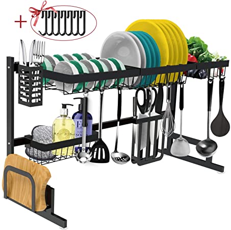 Dish Drying Rack Over The Sink - Adjustable Large Dish Rack Drainer for Kitchen Organizer Storage Space Saver Shelf Utensils Holder with 7 Utility Hooks Dish Rack Over Sink (32≤ Sink Size ≤ 39inch)