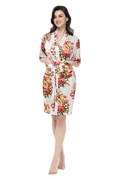 gusuqing Women's Printing Floral Kimono Robe Short Bridesmaid Robe with Pockets