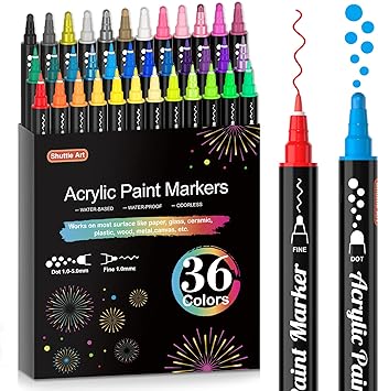 Shuttle Art 36 Colors Dual Tip Acrylic Paint Markers, Dot Tip and Fine Tip Acrylic Paint Pens for Rock Painting, Ceramic, Wood, Canvas, Plastic, Glass, Stone, Calligraphy, Card Making, DIY Crafts