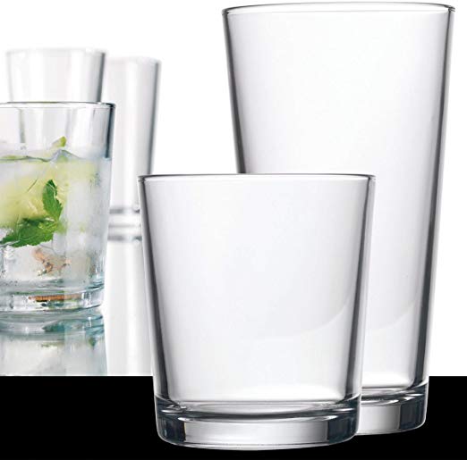 Classic Drinking Glasses Set Of 16, Durable Heave Base Glass Cups, 8 Highball Glasses and 8 Rocks Glasses- Beer Glasses Ideal for Water, Juice, Wine, and Cocktails