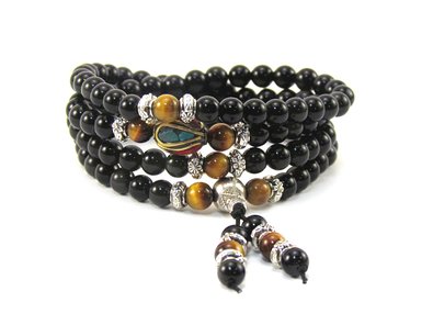 Mala Beads Multilayer Stretch Bracelet, Black Obsidian Tiger Eye Buddhist Prayer Beads, Unique Gift, Unisex